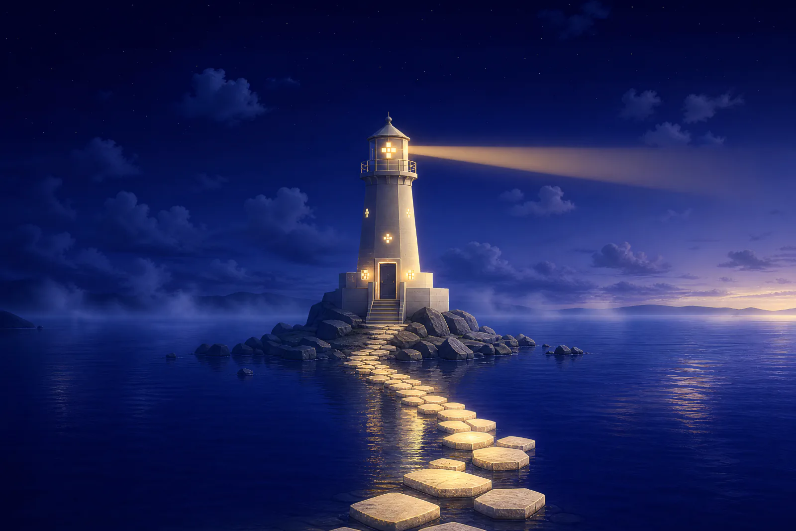 Illustrated cream lighthouse at dawn sweeping its beam over stepping stones leading from the shore